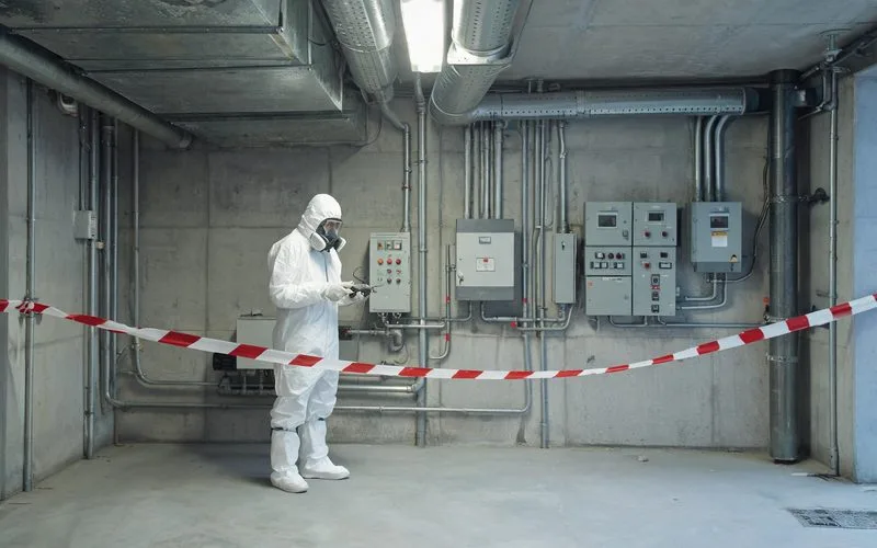 Technicien en combinaison blanche et masque balisant une zone de local technique lors d'une intervention d'urgence amiante à Bienne
