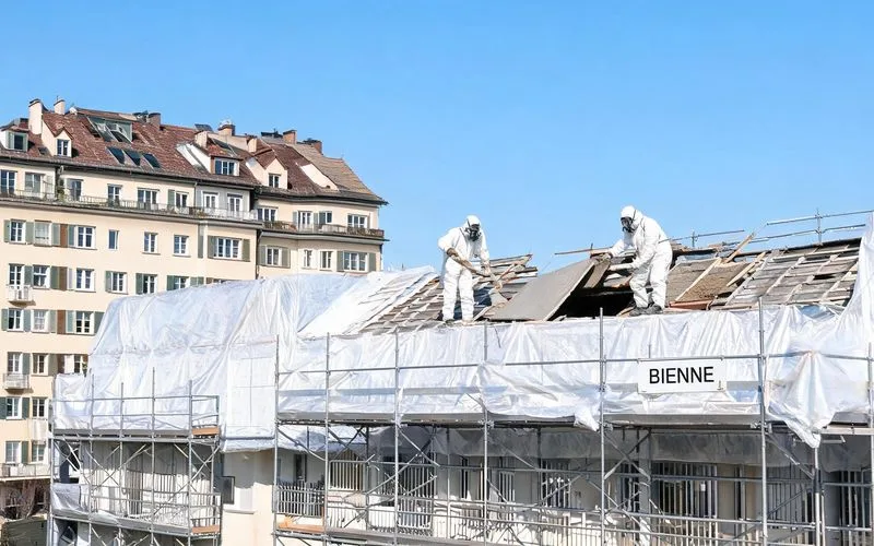 Équipe d'une entreprise de désamiantage en combinaisons blanches sur un chantier confiné devant un immeuble à Bienne