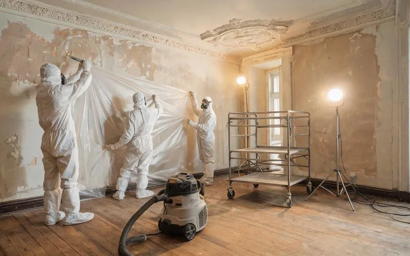 Chef de chantier en combinaison de protection examinant un dossier de sécurité devant une zone de désamiantage confinée à Bienne
